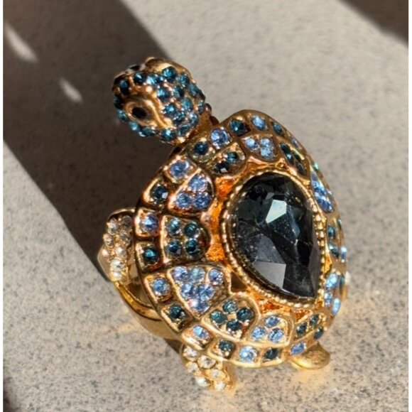 Gold Turtle Ring With Blue & Clear Crystals Adjustable Size 7 Fashion Jewelry Ac - Picture 5 of 16